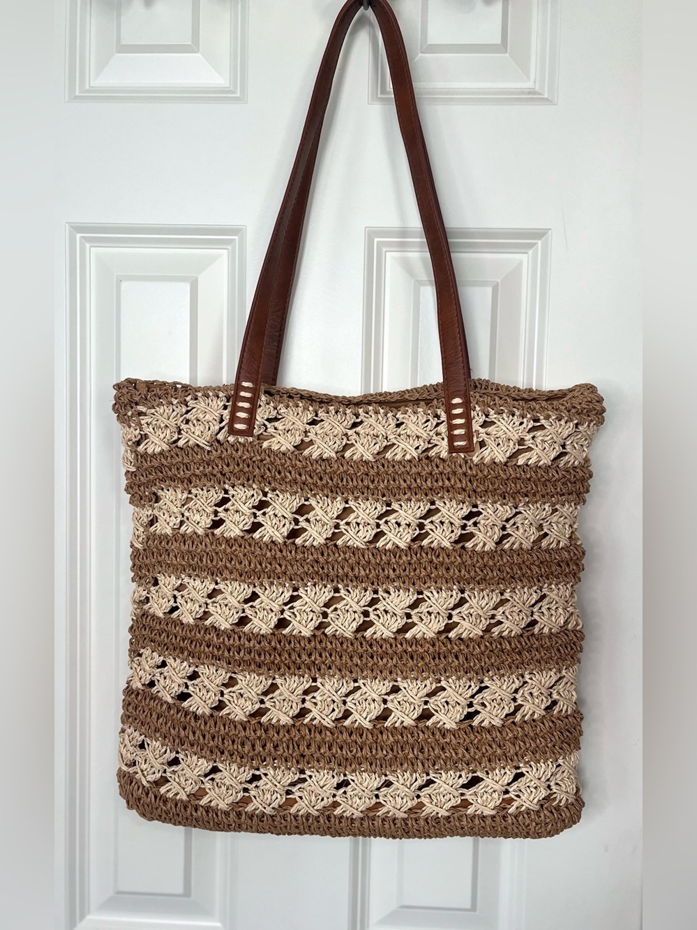 Neutral Two-Tone Crochet Tote with Brown Straps